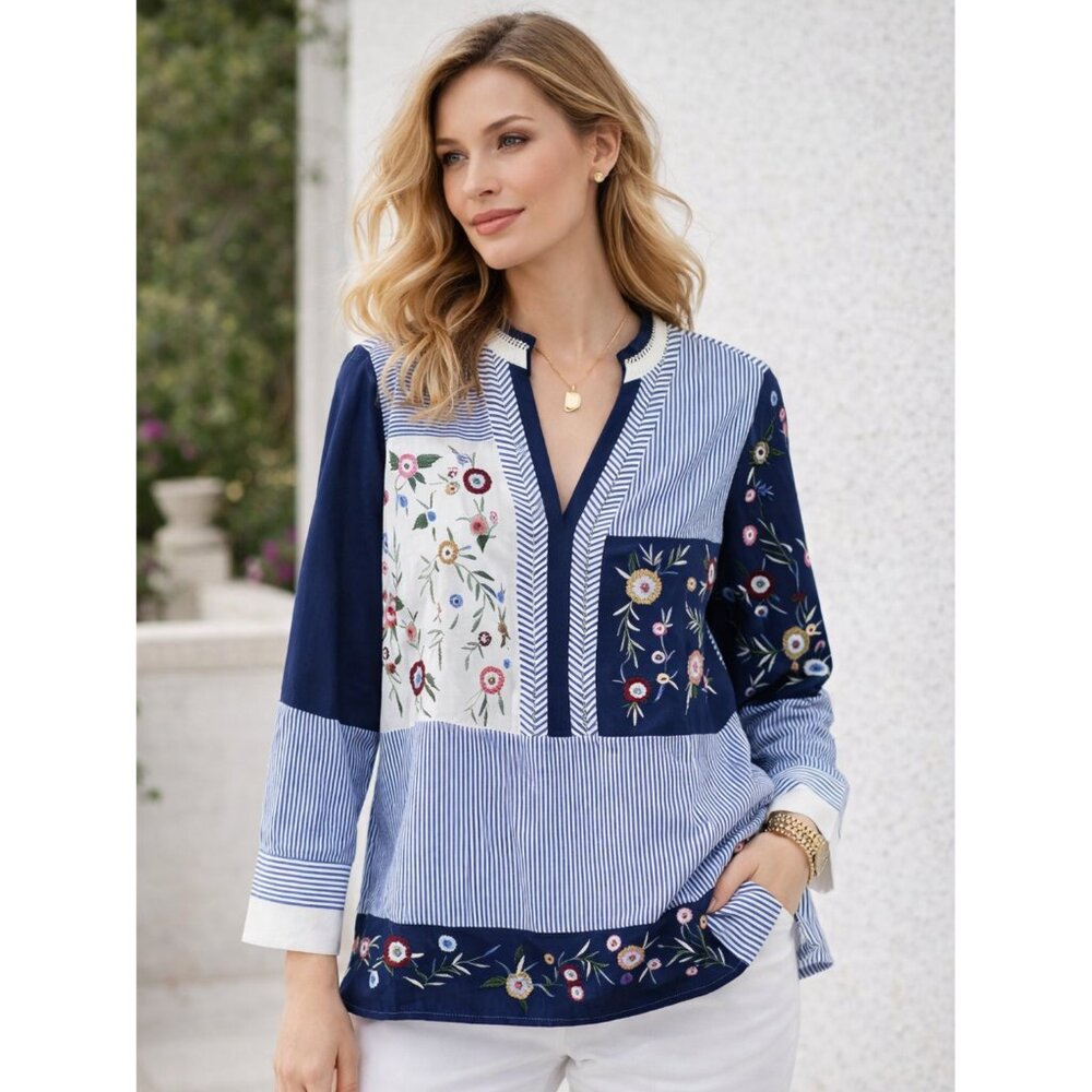 Chico's Blouse Top Popover Colorblock Embroidered Striped Shirt Boho size 2/L